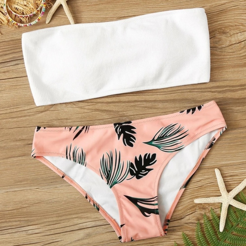 Tropical Print Rib-knit Bandeau Bikini Swimsuit